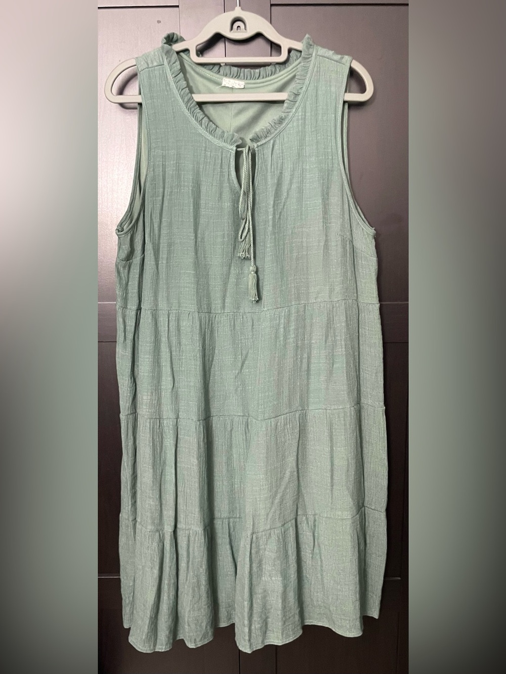 Sage Green Tiered Mini Dress With Tassle Tie - Fully Lined - XL